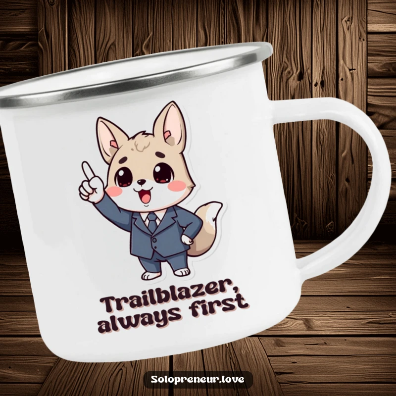 Funny Business Animal Camping Mug: Durable mug with a character in a tiny suit, enthusiastically pointing upwards in a rugged setting.