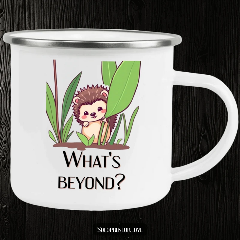 Funny hedgehog explorer camping mug, showing a hedgehog peeking from a plant, ready for outdoor fun, a charming funny gift.