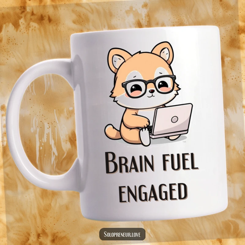 Funny animal mug with a cute, bespectacled animal character happily working on a miniature laptop, celebrating studious humor.