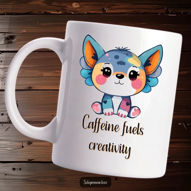 Funny mug showing a happy animal character painting a colorful abstract design, celebrating creativity and art.