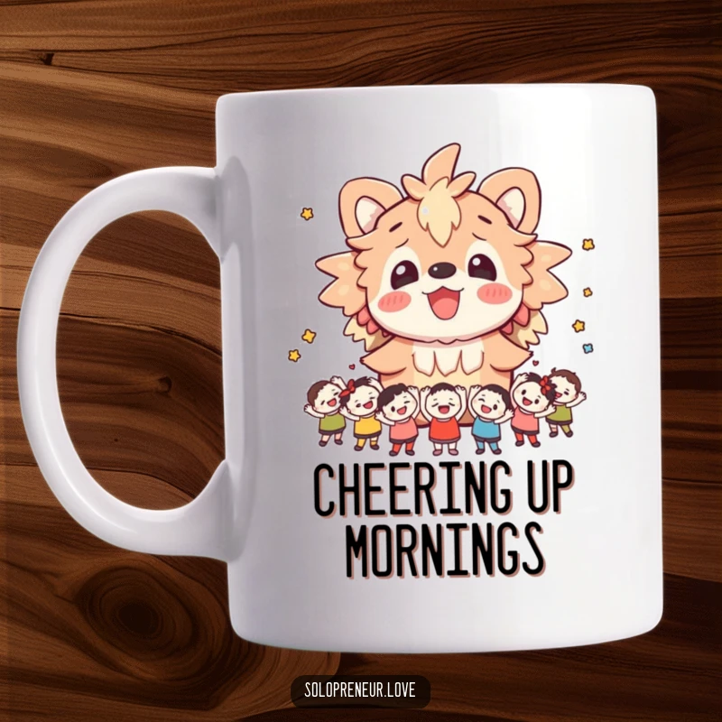 Funny mug showcasing a cheerful creature delightedly surrounded by a group of small, animated figures who are enthusiastically cheering.