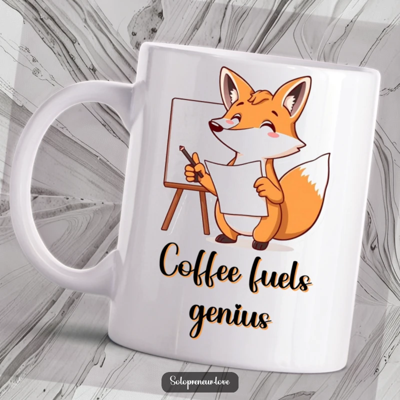 Funny fox mug showing a focused canine character pointing at a whiteboard with a plan, embodying clever strategy and humor.