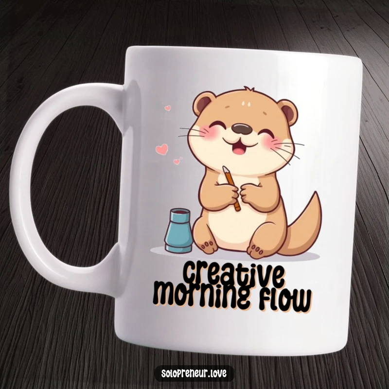 Funny mug depicting a playful otter enthusiastically creating art on a digital canvas, radiating joy and creativity.