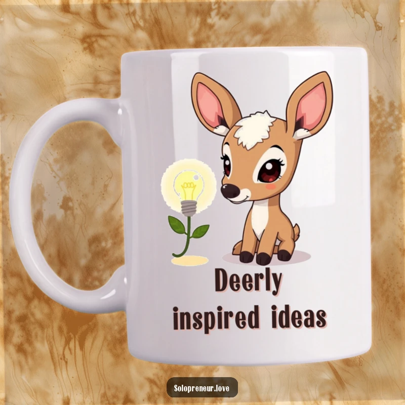 Funny deer character curiously looking at a tiny, glowing lightbulb icon, symbolizing new ideas and mental sparks on a mug.