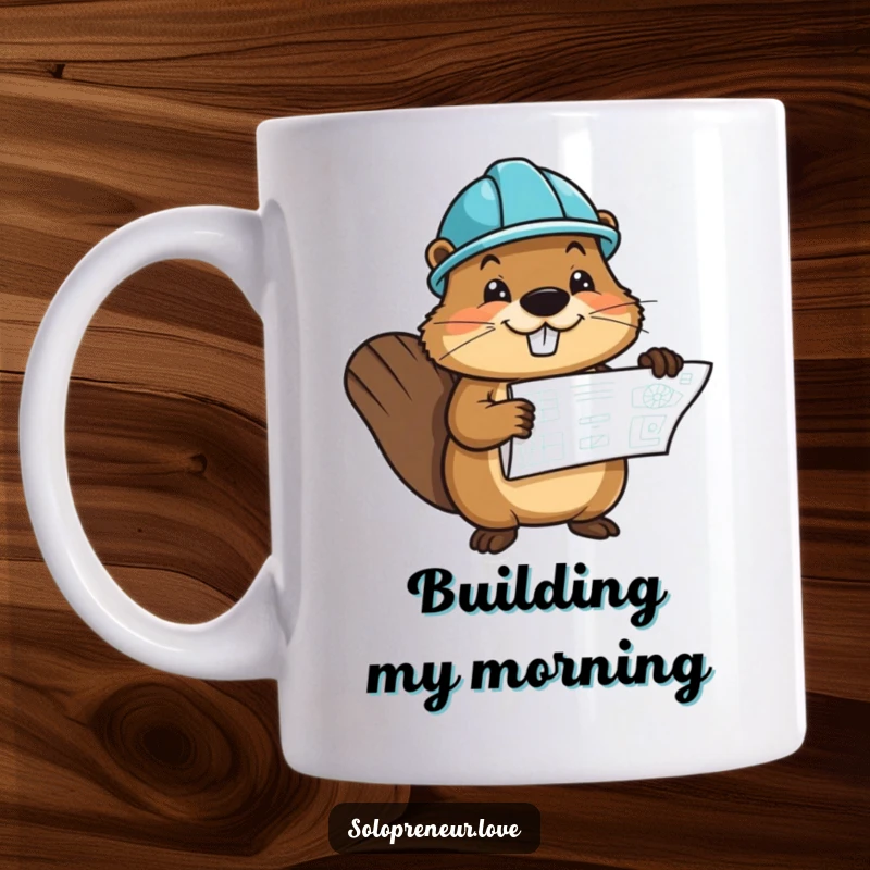 Funny mug featuring a cheerful beaver character wearing a hard hat and holding a blueprint, ready to construct.
