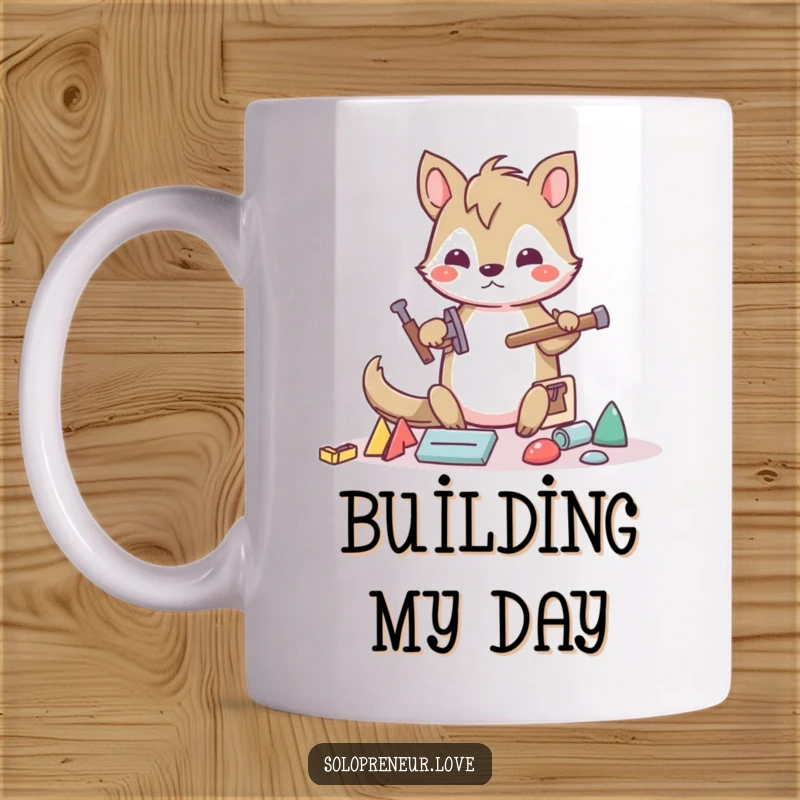 Funny builder animal mug with a determined character using tools to build with abstract shapes, celebrating constructive humor.