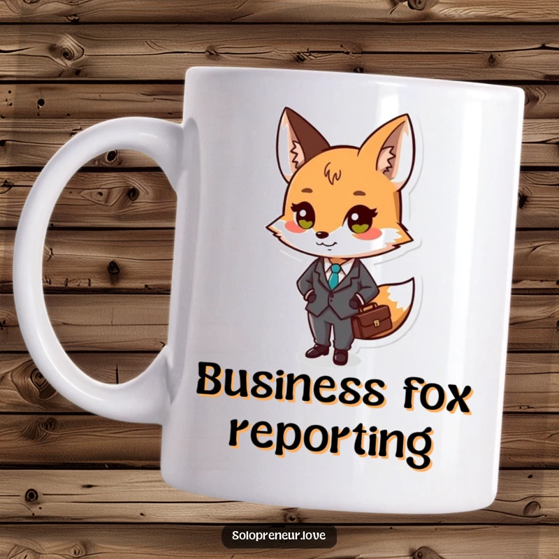 Funny mug featuring a small fox character dressed in a tiny suit, holding a briefcase, looking professionally cute.