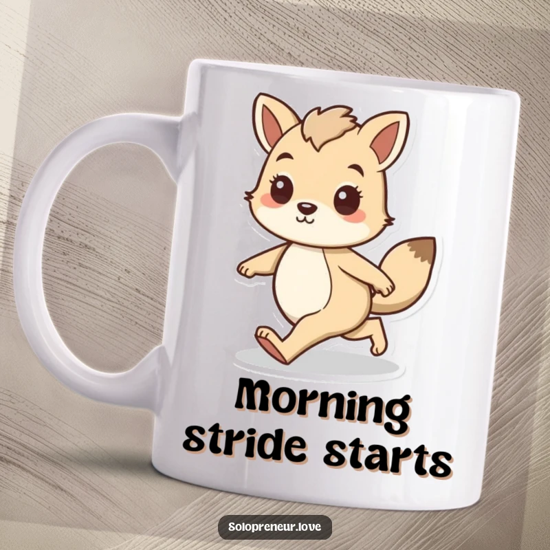Funny mug showing a determined animal character walking forward with a confident stride, embodying purpose and forward momentum.