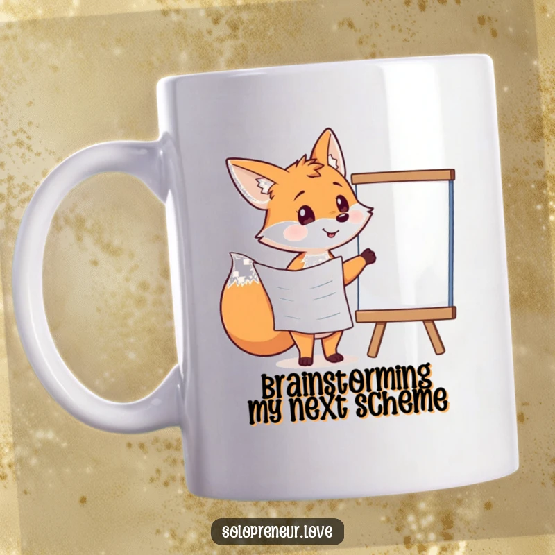 Funny, focused fox with glasses pointing at a whiteboard with a plan, depicted on a humorous mug.