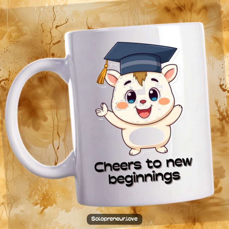 Funny Graduation Creature Mug: A smiling character wearing a graduation cap, cheering enthusiastically with joy.