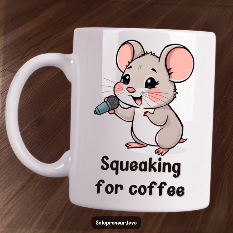 Funny Hopeful Mouse Microphone Mug featuring a small mouse cheering enthusiastically while holding a tiny microphone.