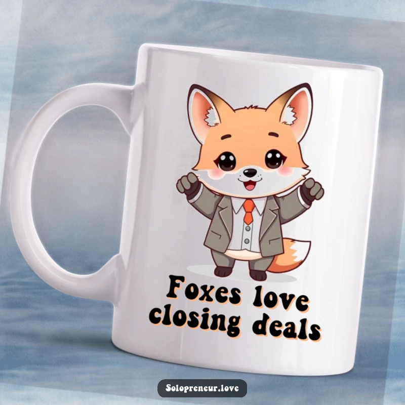 Funny Kawaii Fox in tiny business suit celebrating success, holding a briefcase, looking cheerful on a mug.