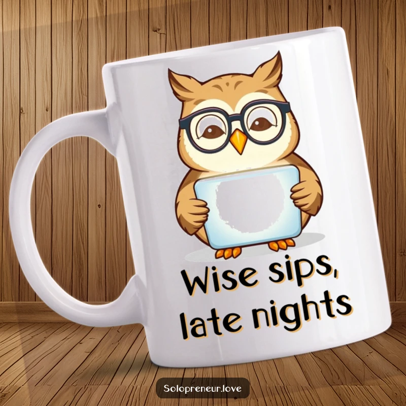Funny, happy owl wearing glasses, intently reading a glowing tablet, depicted on a humorous mug.
