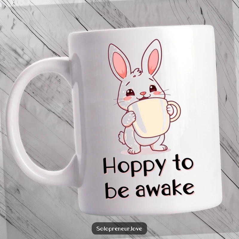 Funny rabbit coffee mug featuring a determined rabbit cheerfully holding a large coffee cup, embodying morning energy and humor.