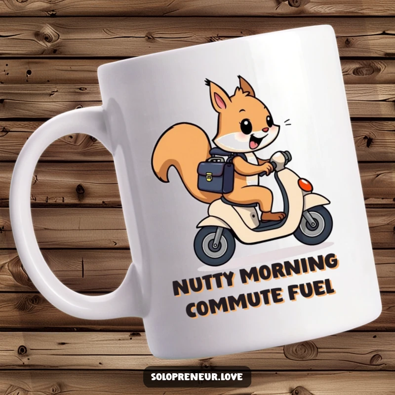 Funny squirrel in a suit zooming on a scooter with a briefcase, embodying busy, cheerful morning commute humor on this mug.