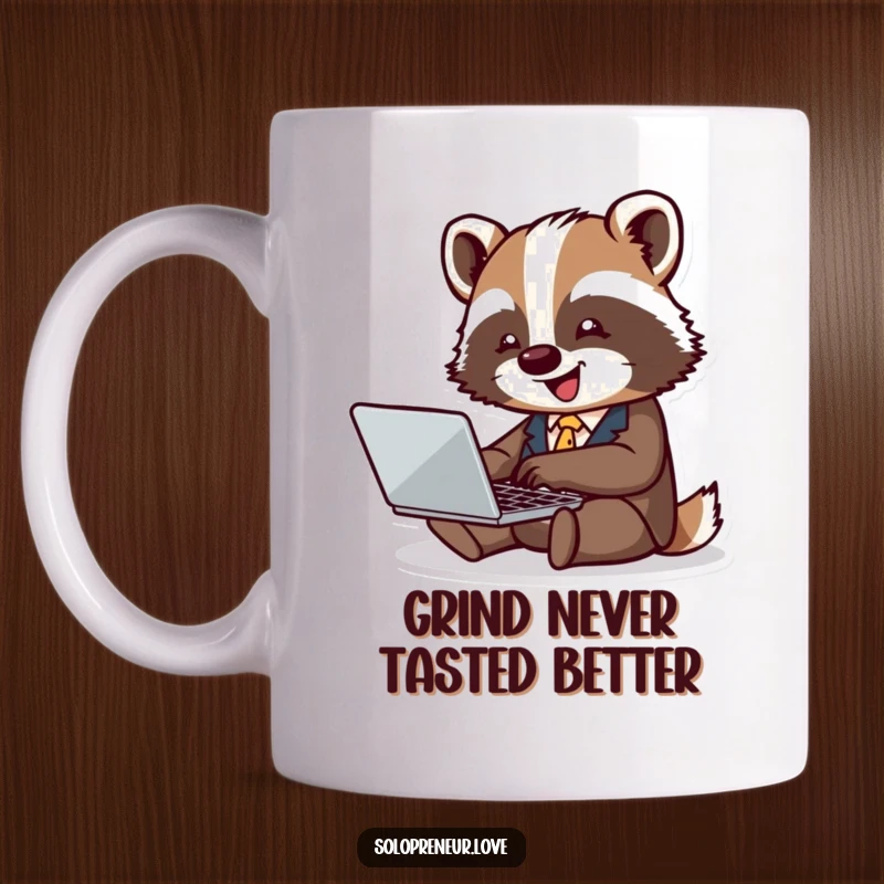 Funny badger CEO mug showing a tiny badger in a suit joyfully typing on a laptop, embodying office humor and success.