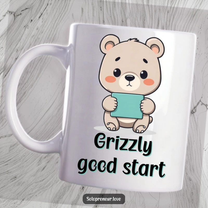 Funny mug with a proud bear cub holding up a finished project, symbolizing achievement and hard work.