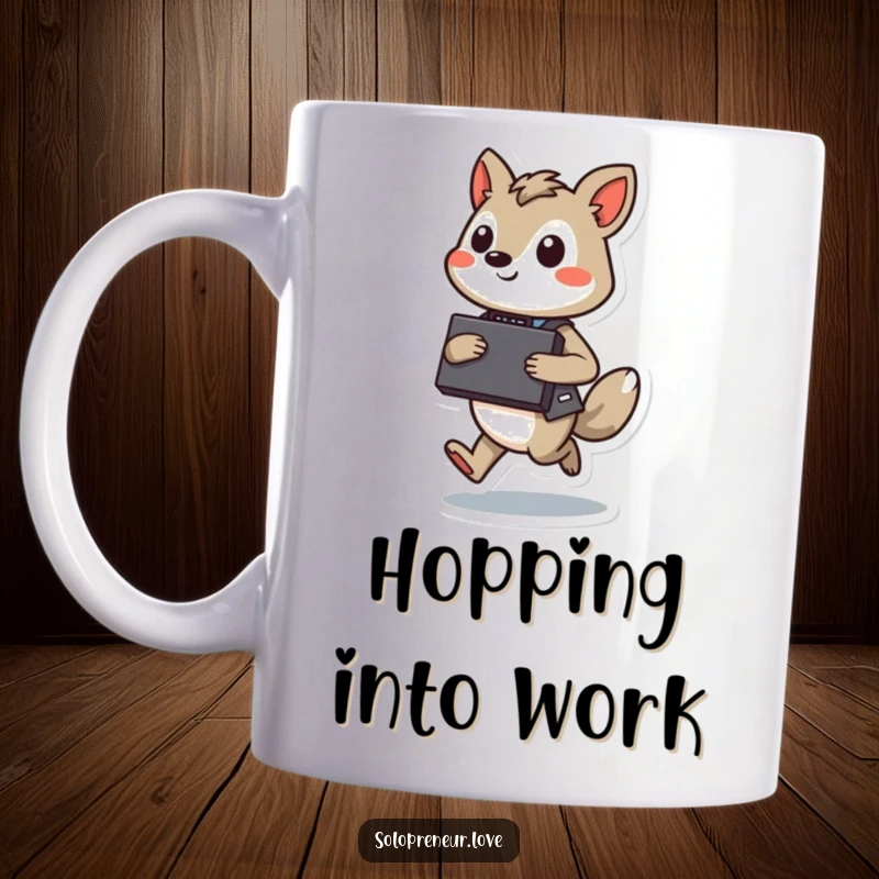 Funny Hopping Executive Mug: A confident animal character, carrying a briefcase, hopping with energetic purpose.
