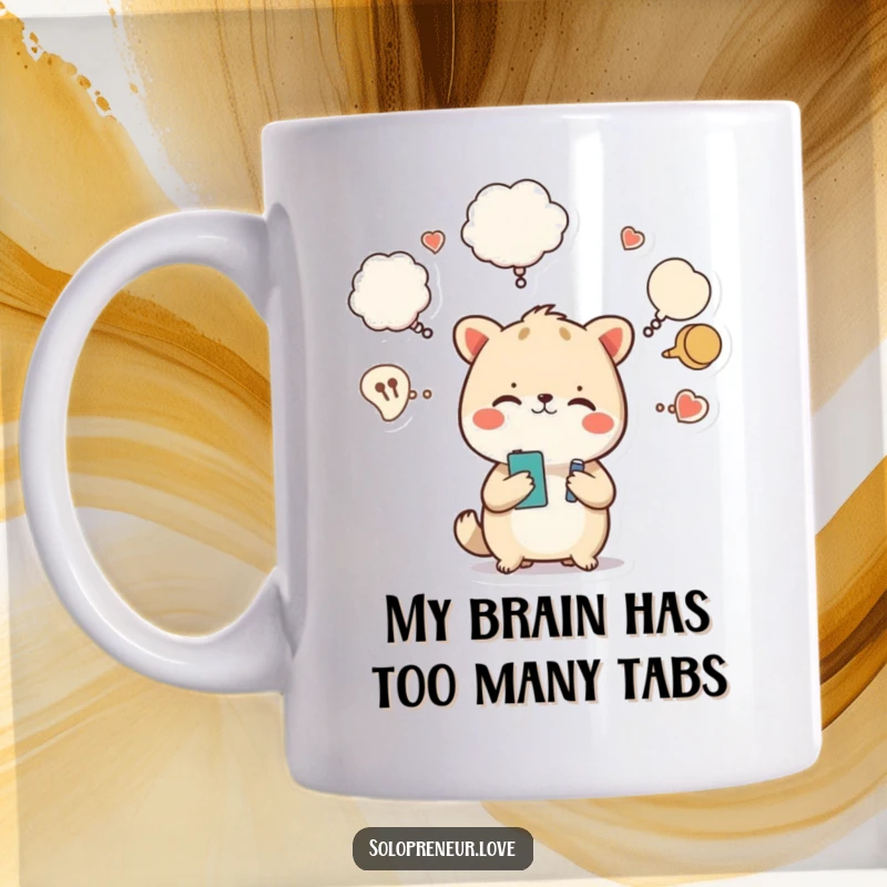 Funny mug featuring a busy animal character juggling tasks with multiple thought bubbles, perfect for anyone who loves a good laugh.