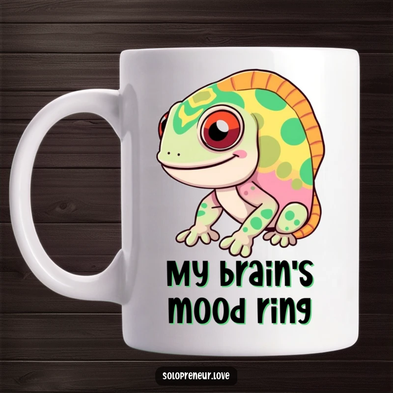 Funny chameleon mug showcasing a smiling character rapidly changing diverse patterns and colors, a delightful and humorous gift.
