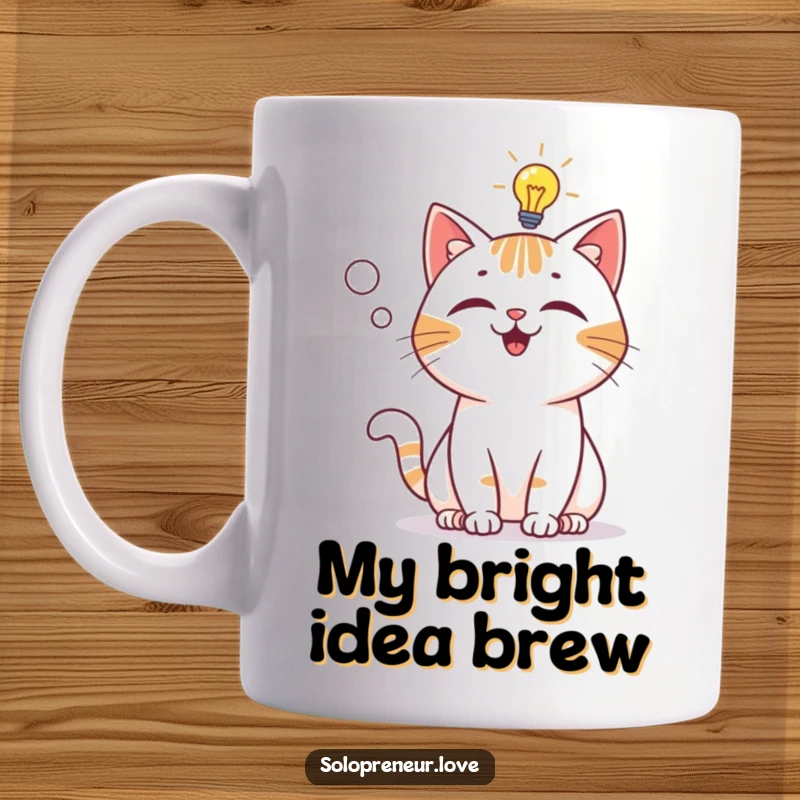 Funny Mug: A playful cat character with a lightbulb above its head, signaling a brilliant idea.