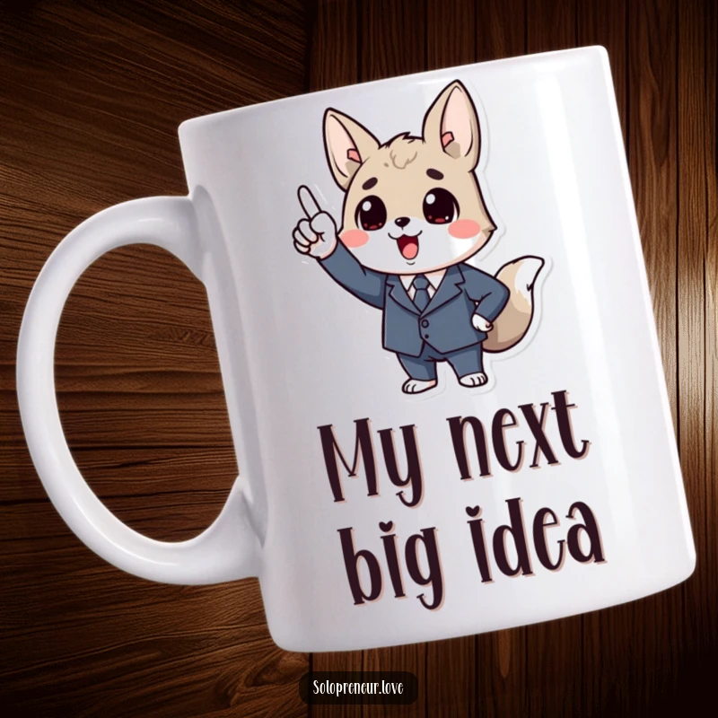 Funny Business Animal Mug: Energetic animal in a tiny suit, enthusiastically pointing upwards with determination and ambition.