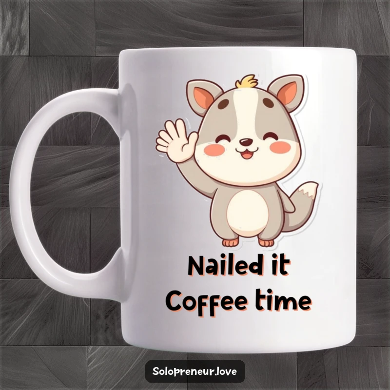 Funny mug featuring a smiling animal character waving happily after a success, perfect for celebrating wins.