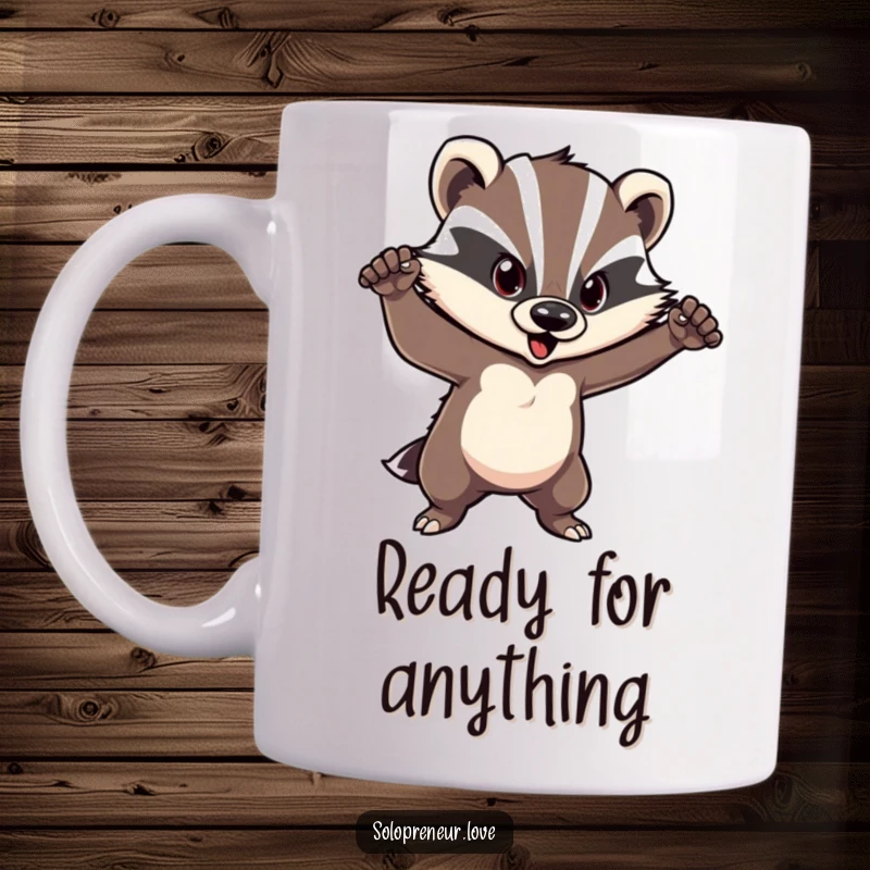 Funny badger mug featuring a courageous character striking a confident pose, radiating bravery and determination.