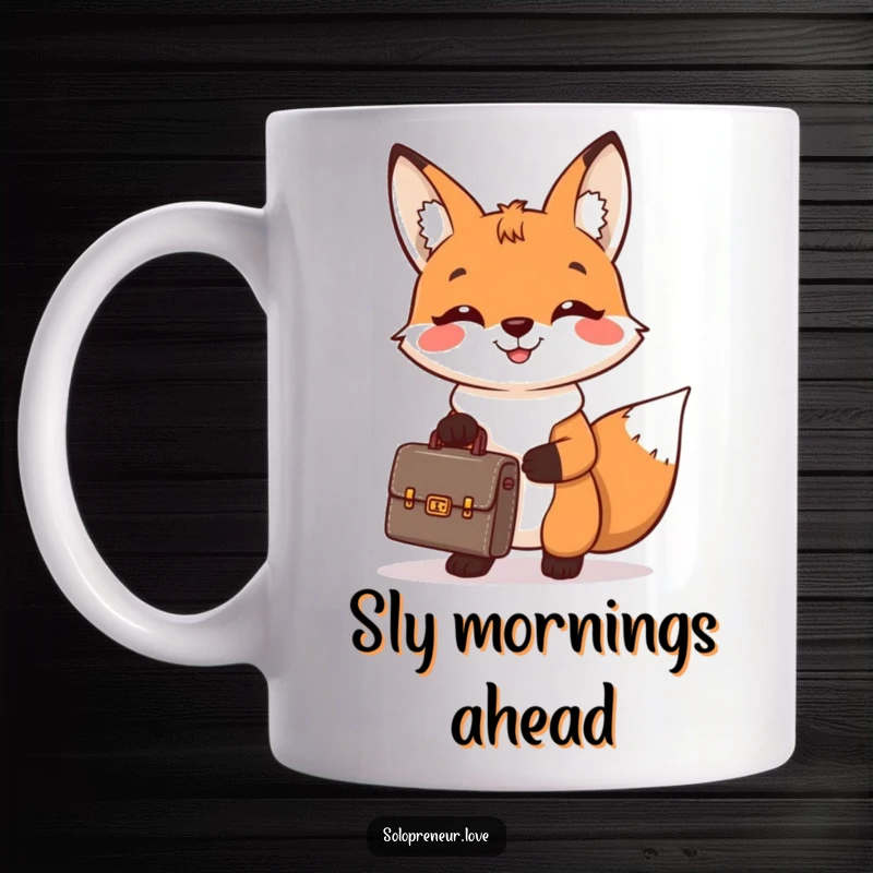Funny mug showcasing a cheerful fox holding a tiny briefcase and smiling broadly, radiating confidence and business acumen.