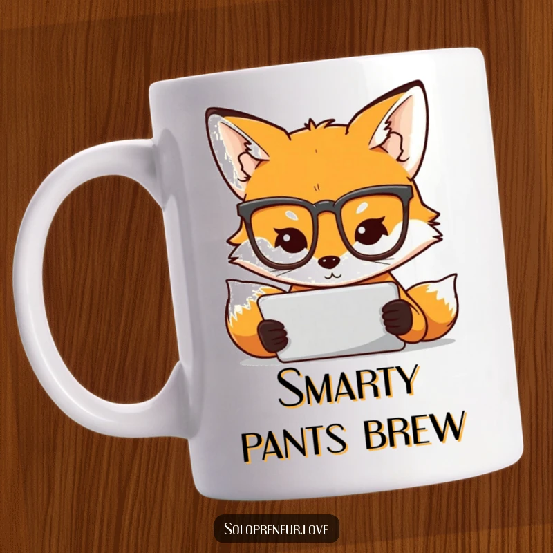 Funny mug of a smart fox in glasses intently focused on a tablet, showcasing dedication and modern work habits.