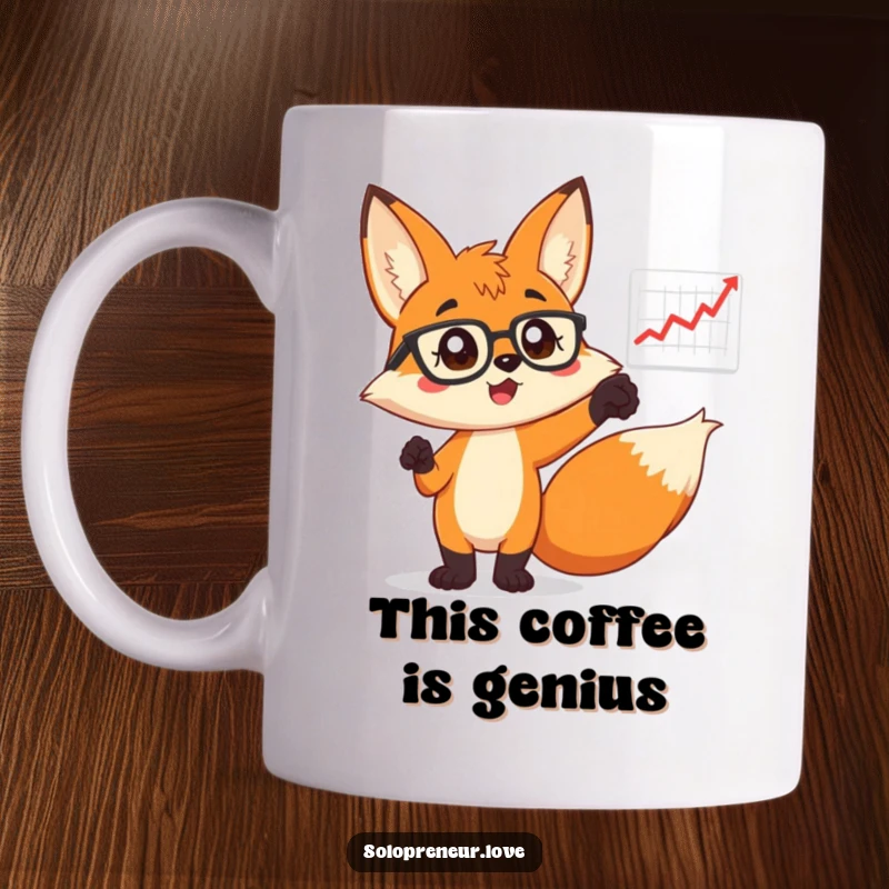 Funny Fox in Glasses Mug: An intelligent fox wearing spectacles, enthusiastically pointing at a rising business chart, symbolizing success.