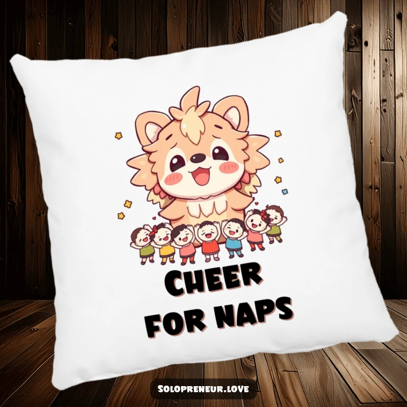 Funny pillow featuring a cheerful creature embraced by small, cheering figures, offering comfort and a symbol of adoration.