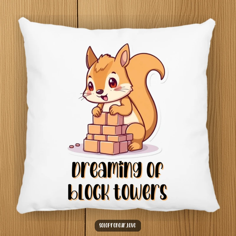 Funny determined squirrel character happily building a small structure with colorful blocks, on a comfortable accent pillow.