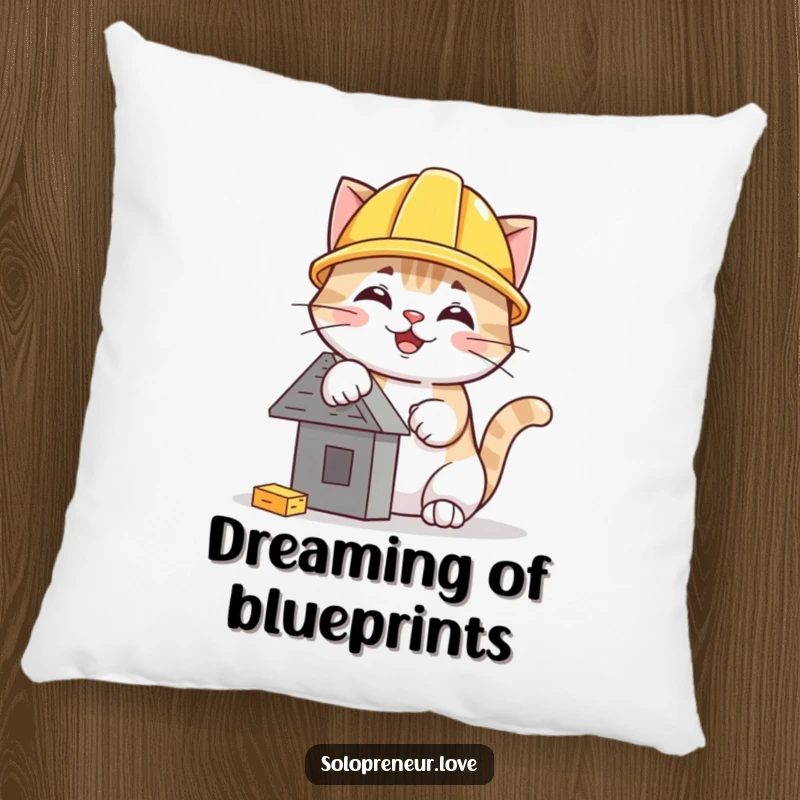Funny cat hard hat pillow featuring a smiling cat wearing a protective helmet and busy building a small, cute structure.