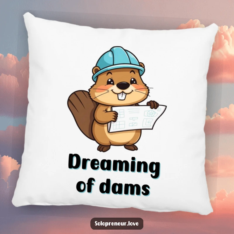 Funny pillow featuring a cheerful beaver character wearing a hard hat and holding a blueprint, ideal for cozy decor.