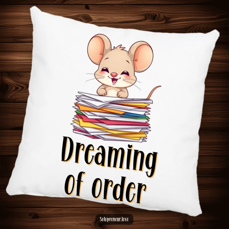 Funny giggling mouse pillow featuring a character organizing colorful papers, offering comfort and a cheerful organizational theme.