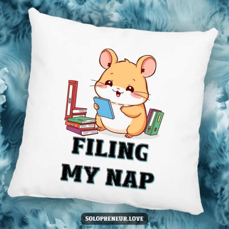 Funny hamster pillow with a smiling character organizing files, perfect for adding humor and comfort to living spaces.
