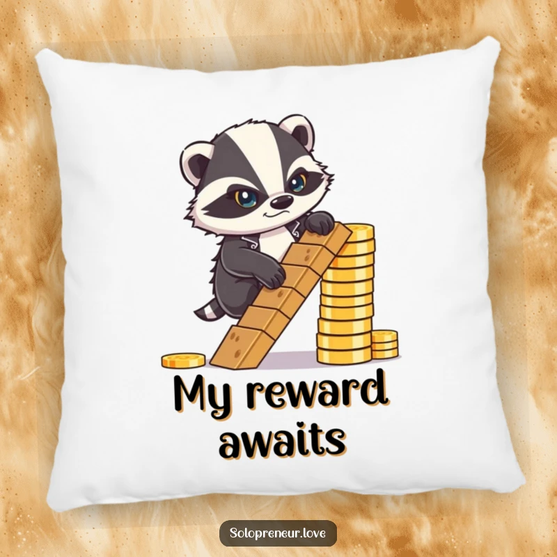 Funny Pillow: A determined badger frowning, climbing a ladder made of coins, representing a successful journey.