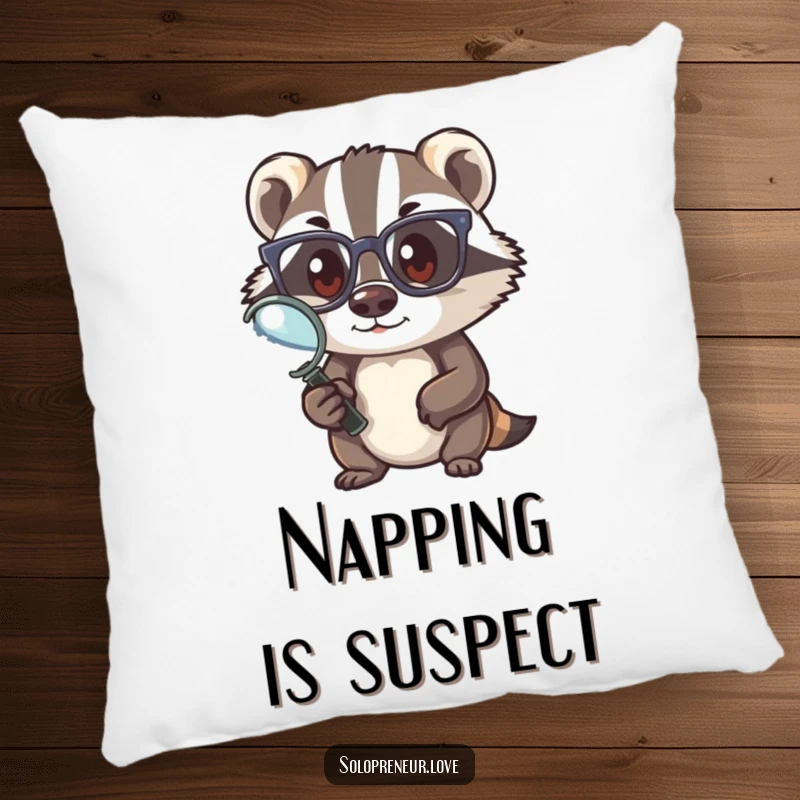 Funny badger detective pillow, a cozy cushion featuring a badger with glasses and a magnifying glass, ideal for a funny gift.