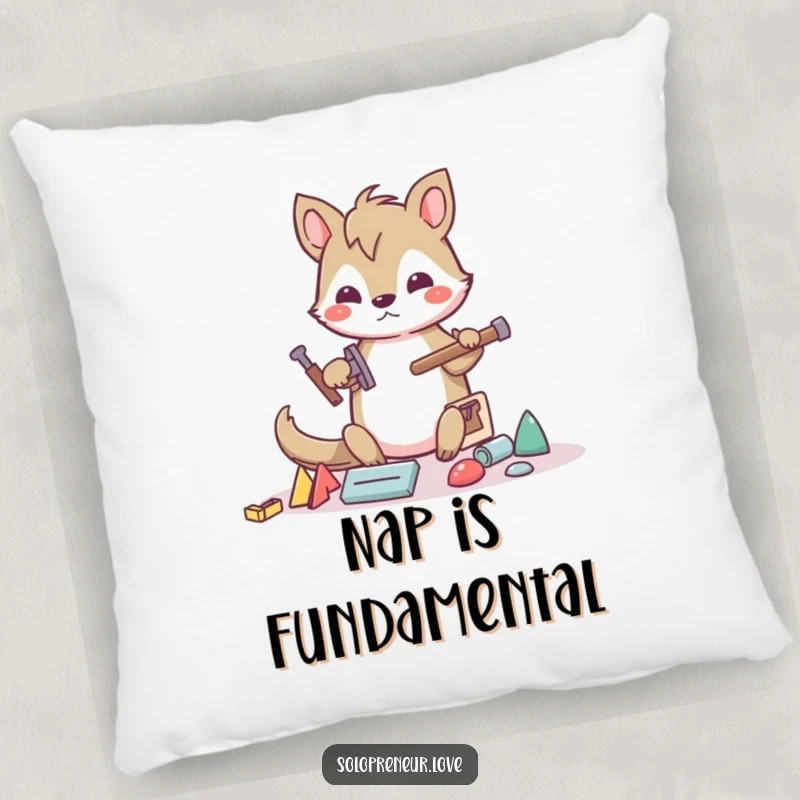 Funny builder animal pillow with a determined character constructing with abstract shapes and tools, offering comfort and constructive humor.