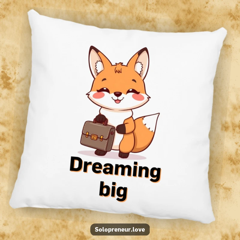 Funny pillow with a cheerful fox holding a tiny briefcase and smiling broadly, offering comfort and a dose of professional ambition.