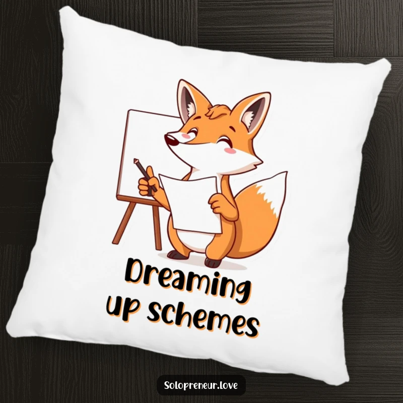 Funny fox pillow displaying a focused character pointing at a whiteboard with a plan, offering comfort and strategic humor.