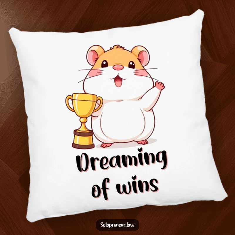 Funny beaming hamster pillow featuring a character proudly displaying a trophy, offering comfort and a symbol of victory.
