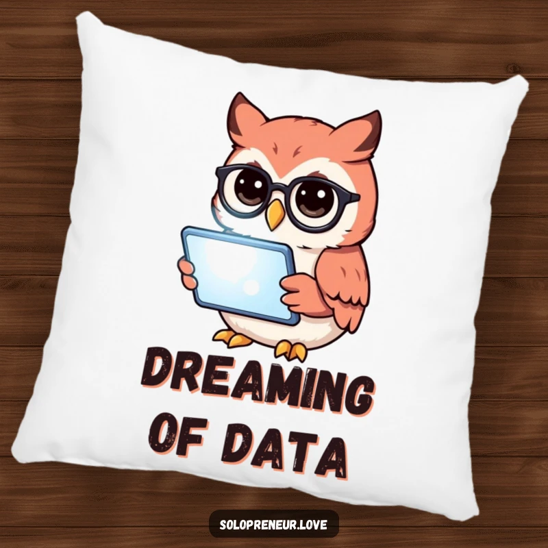 Funny owl with glasses reading a tablet, featured on a soft, decorative pillow for cozy humor.