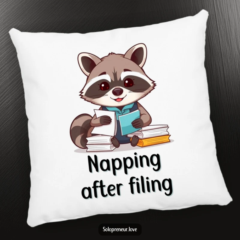 Funny Raccoon Organizer Pillow with a smiling raccoon character busy with paperwork, adding comfort.