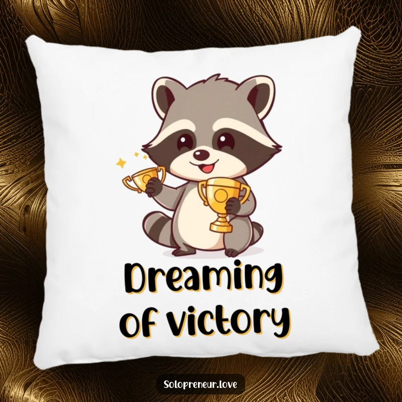 Funny pillow showcasing a cheerful raccoon character polishing a tiny trophy, adding a touch of whimsy and comfort to any space.