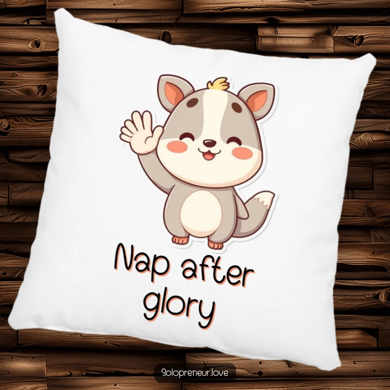 Funny pillow featuring a successful animal character waving happily, offering comfort and a reminder of achievements.