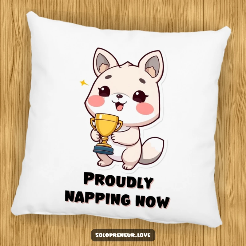 Funny pillow featuring a joyful animal character proudly holding a tiny trophy, radiating hilarious, contented vibes.