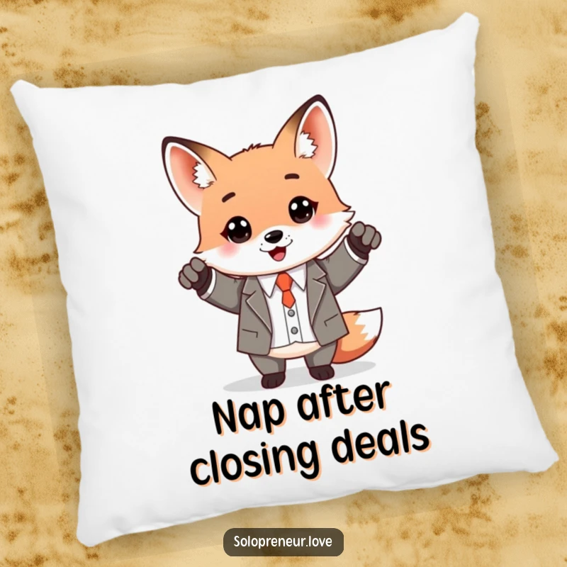Funny Kawaii Fox in a tiny business suit, looking happy and successful, printed on a comfortable accent pillow.