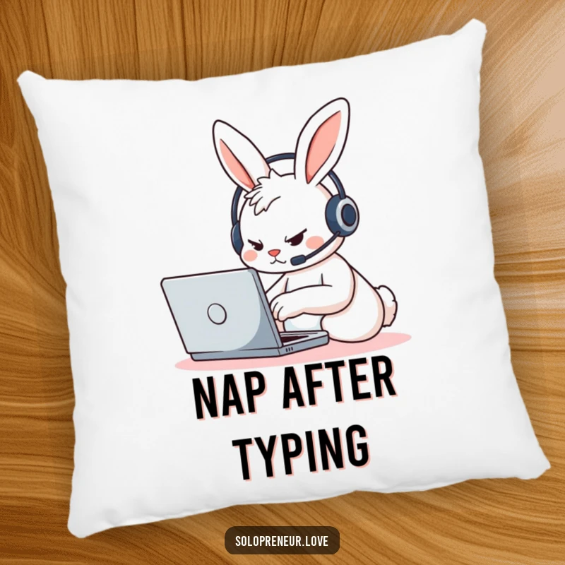 Funny determined rabbit character, wearing a headset, typing on a laptop, depicted on a soft and decorative pillow.